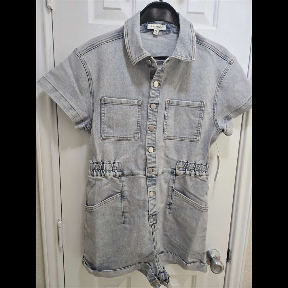 Francesca's Button Snap Front Denim Utility Romper Elastic Waist Blue Sz Med NWT